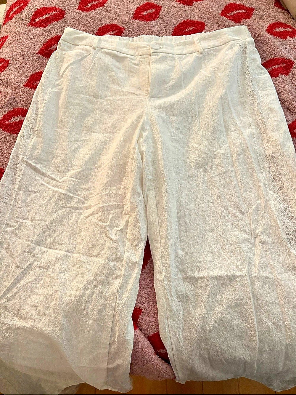 White Lace Trim Wide Leg Pants